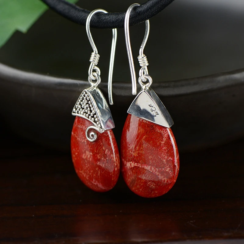 Женские серьги капельки из натурального красного кораллового серебра 925 пробы