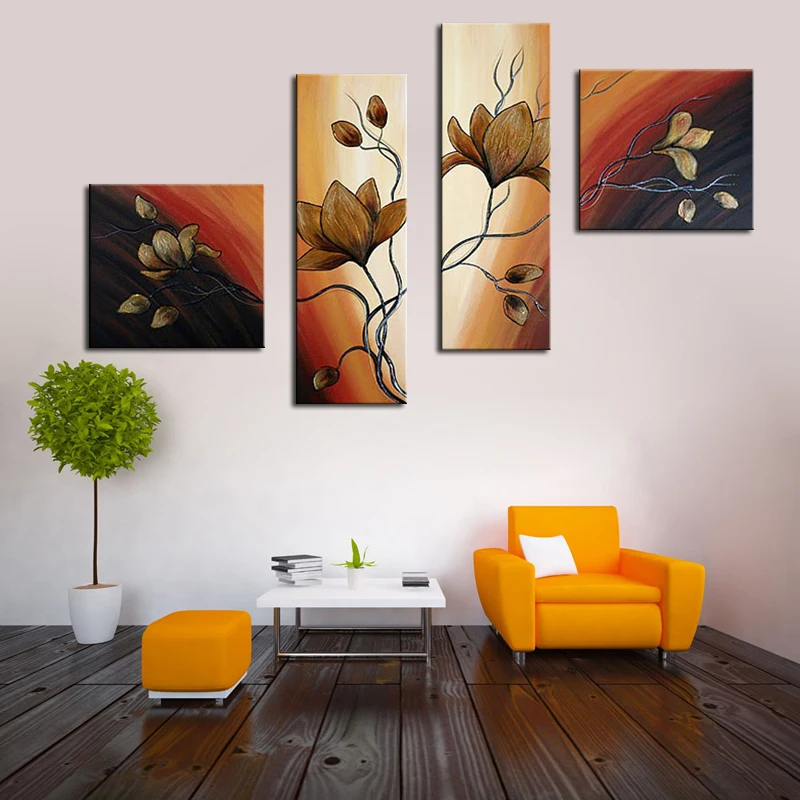 

Hand Painted 4 Panel Art Pictures Combination Abstract Home Decorative Oil Painting Flower for Dinning Hall Wall Decor Unframed