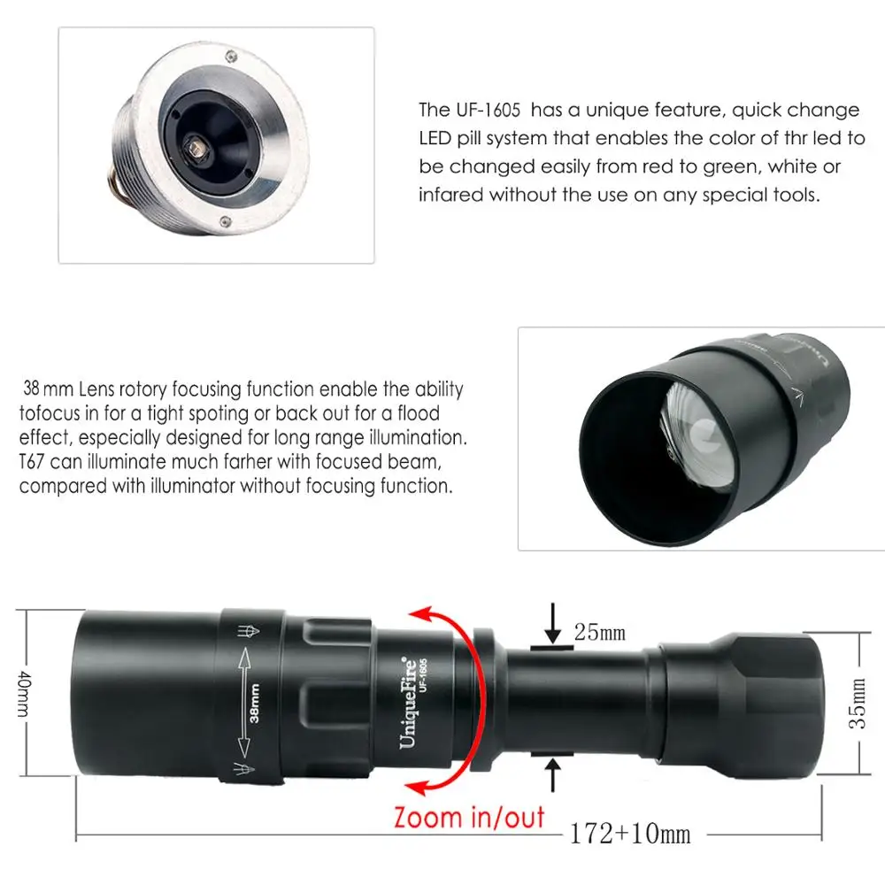 UniqueFire 1605 USB перезаряжаемая светодиодная вспышка T38 XRE светильник/зеленый/красный