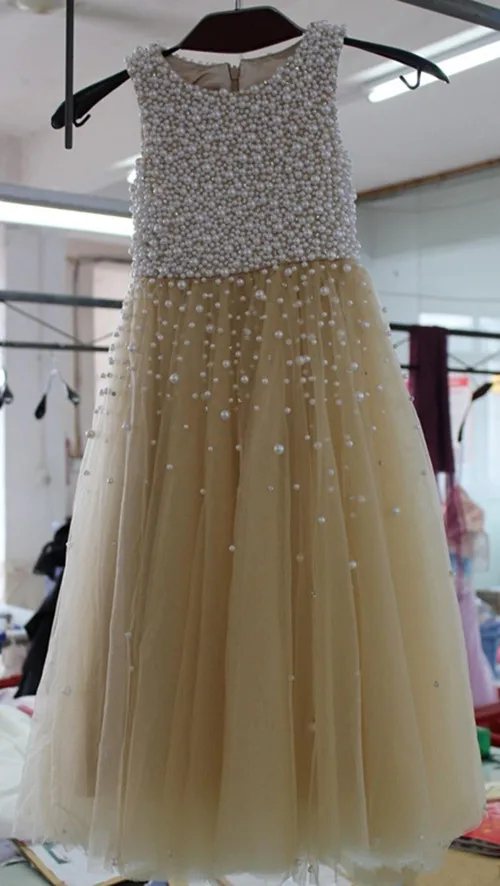 Блестящее Тюлевое платье цвета шампанского с жемчугом для девочек цветами на