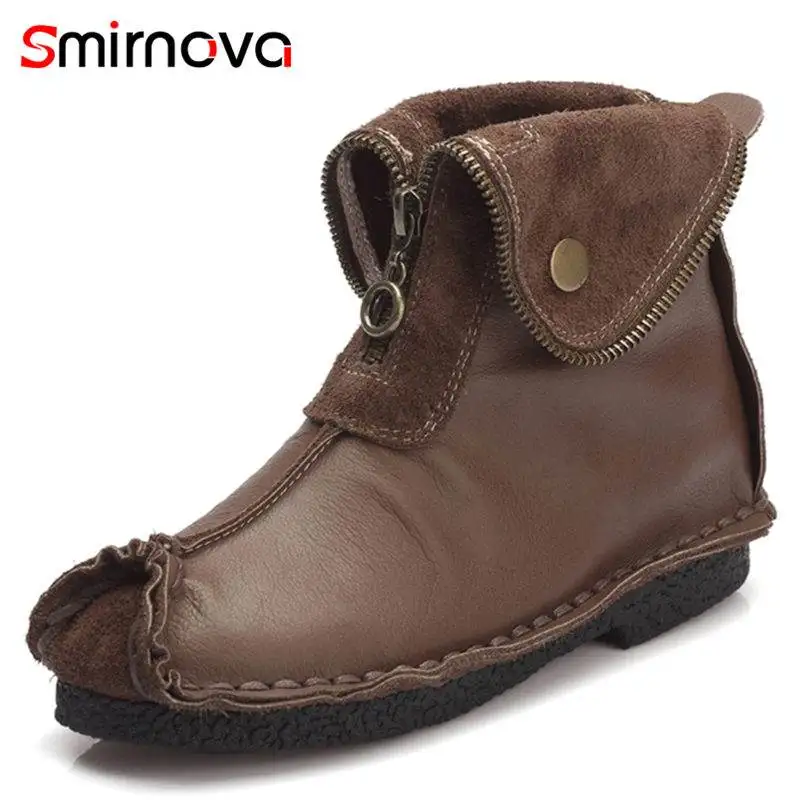 

Smirnova/2018 новые модные ботинки из натуральной кожи на молнии ботильоны с квадратным носком для женщин женские ботинки на плоской платформе по...