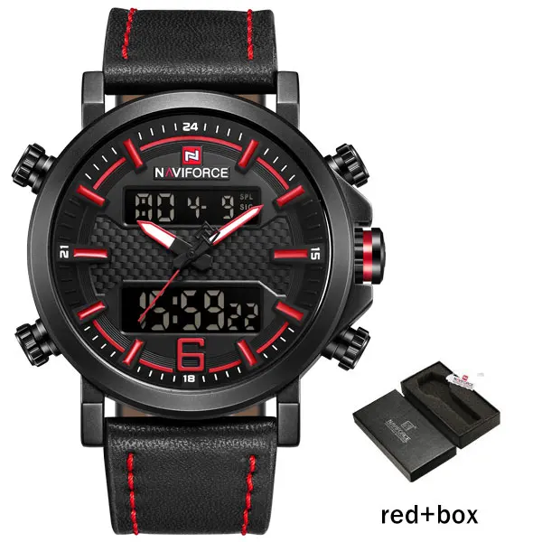red box NAVIFORCE модные мужские часы с двойным дисплеем, военные армейские часы с кожаным ремешком, цифровые часы, мужские стильные водонепроницаемые часы 30 м - Цвет: red box
