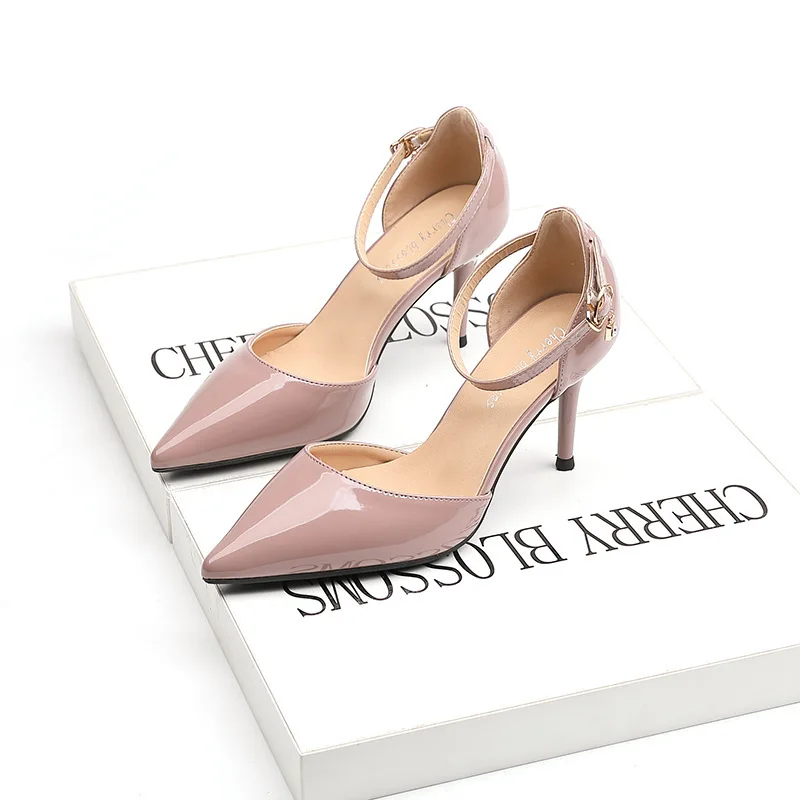 

Women Shoes Flock Pointed Toe Pumps fashion spring Buckle Hollow Rhinestone 8CM Fine High Heels Dress Boat Wedding Shoes