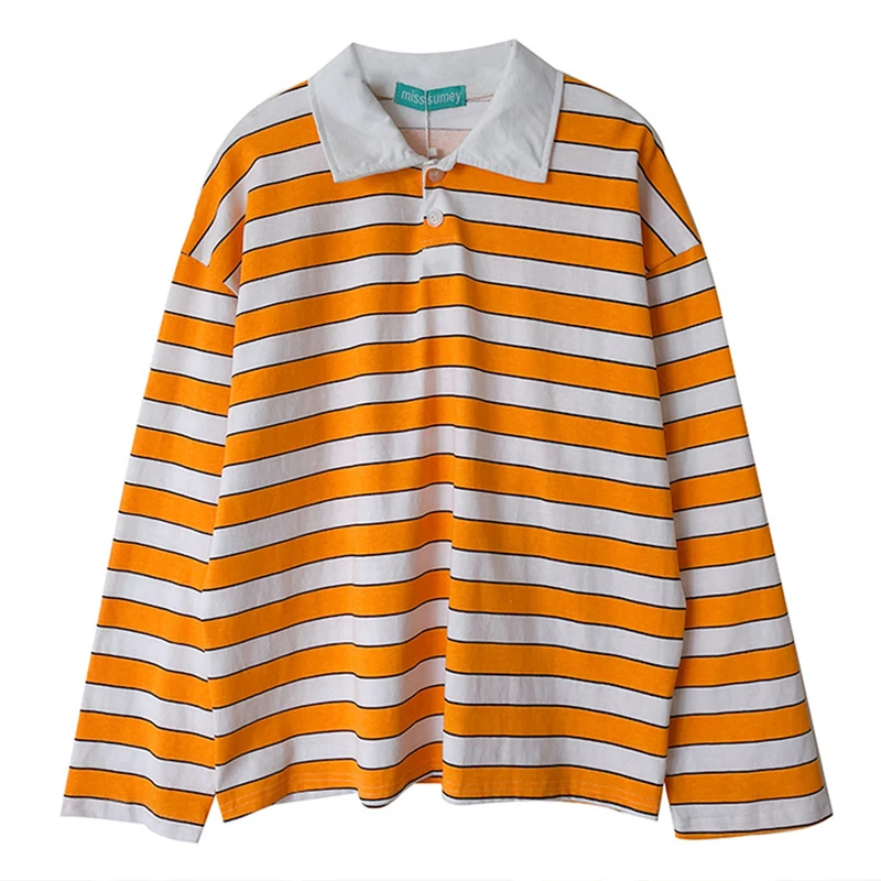

New Women Basic T-shirts Loose Casual Vintage Striped Basic All Match College Wind Long Sleeve Turn Down Collar Female TT485