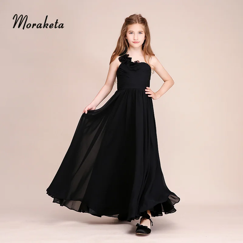 Элегантное Черное Платье для девушек с пианино на одно плечо ТРАПЕЦИЕВИДНОЕ