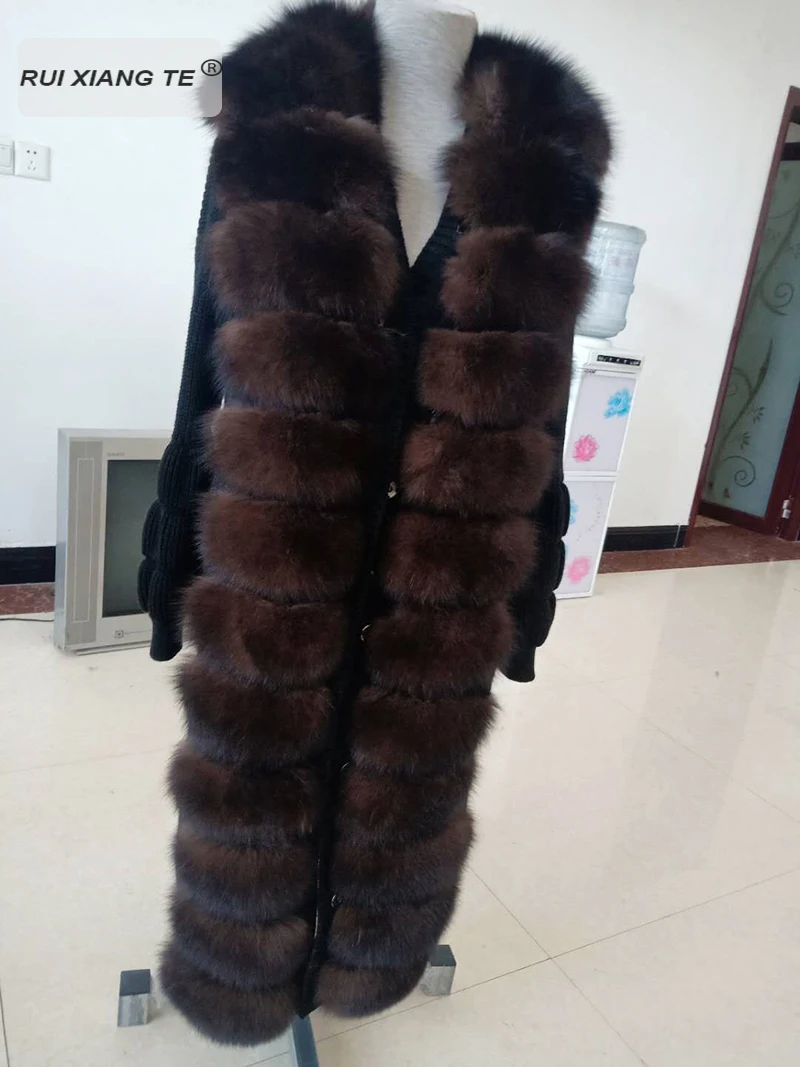 RuiXiangTe женское натуральное меховое пальто шерстяное вязаное с лисьим воротником зимняя куртка натуральный Лисий мех пальто зимнее длинное пальто