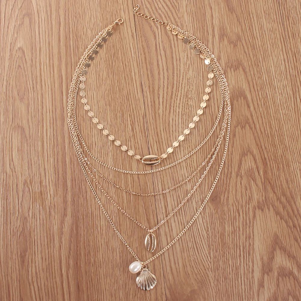 Boho Beach Women Multi-layer Faux Pearl Shell Pendant Paillette Chain Necklace New Hot | Украшения и аксессуары