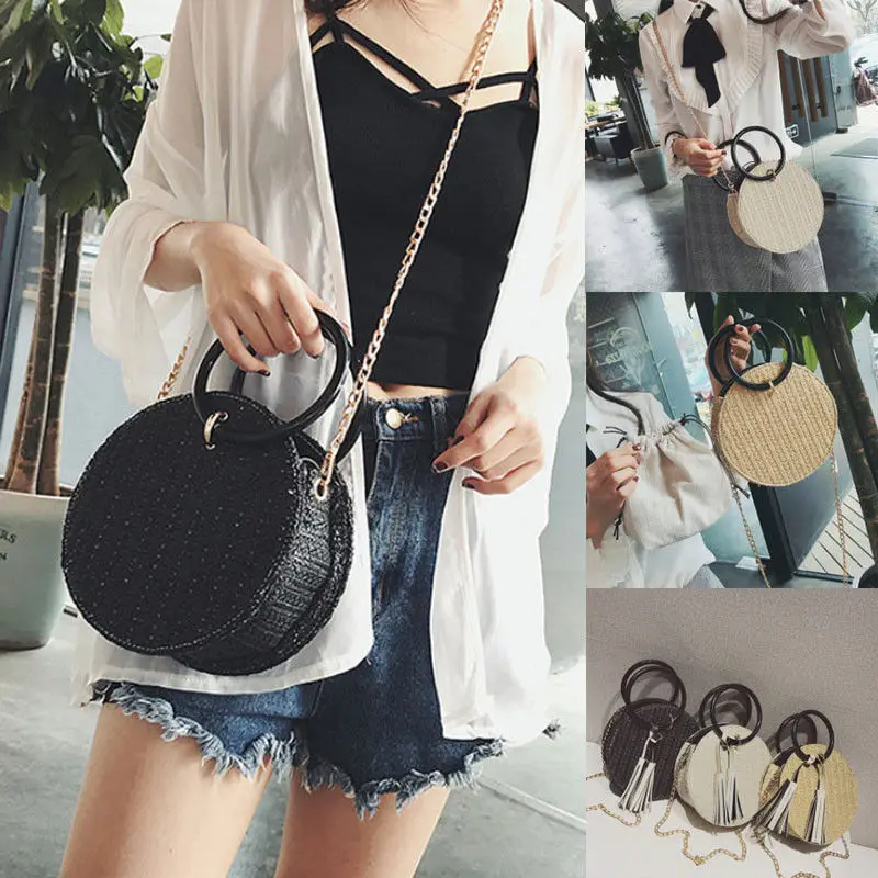 Женская маленькая Плетеная соломенная сумка круглая сумочка из ротанга через