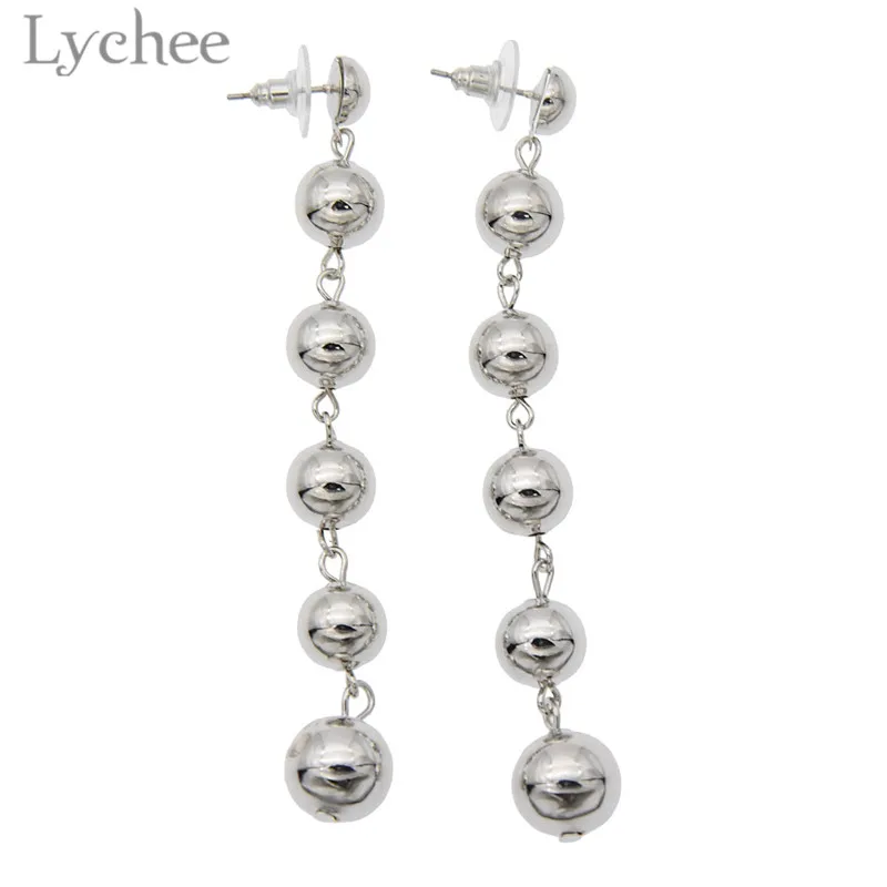 Lychee длинные висячие серьги с пятью шариками золотые серебряные круглые бусины