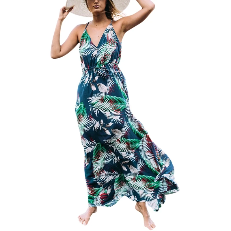 Платье-макси с v-образным вырезом открытой спиной и принтом пальмовых листьев |