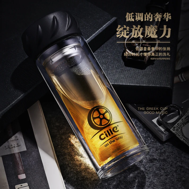 CILLE Мужская стеклянная бутылка 300 мл Офисная для питья стакан воды двухслойная