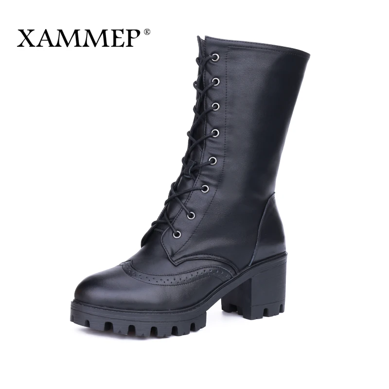 Black Xammep/женская зимняя обувь на платформе; Брендовые женские зимние ботинки из натуральной кожи; ботинки до середины икры высокого качества из натуральной шерсти - Цвет: Black