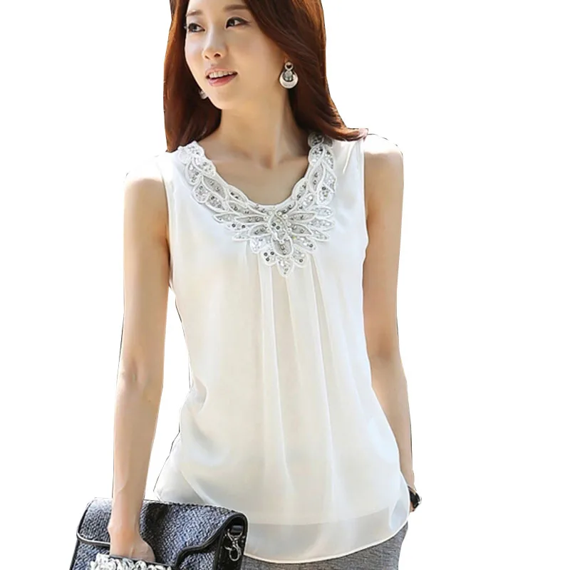 Женская шифоновая блузка белая без рукавов лето 2018 размера плюс |