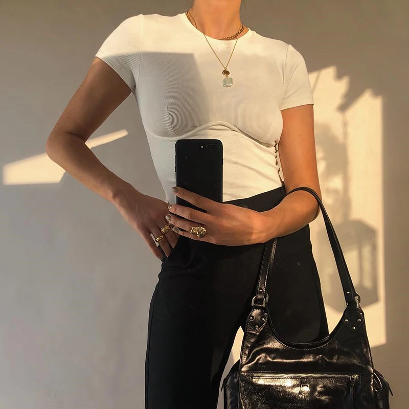 SUCHCUTE женская футболка короткий топ белая рубашка ремень Poleras Mujer De Moda Лето Polera Blanca Горячая Повседневная корейский стиль для женщин