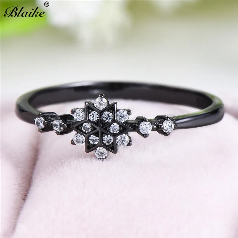 Black Gold Ring Минималистичные кольца из стерлингового серебра s925 пробы для женщин, маленькое Хрустальное цветочное кольцо, штабелируемое циркониевое тонкое кольцо, снежинка, обручальные кольца - Цвет камня: Black Gold Ring