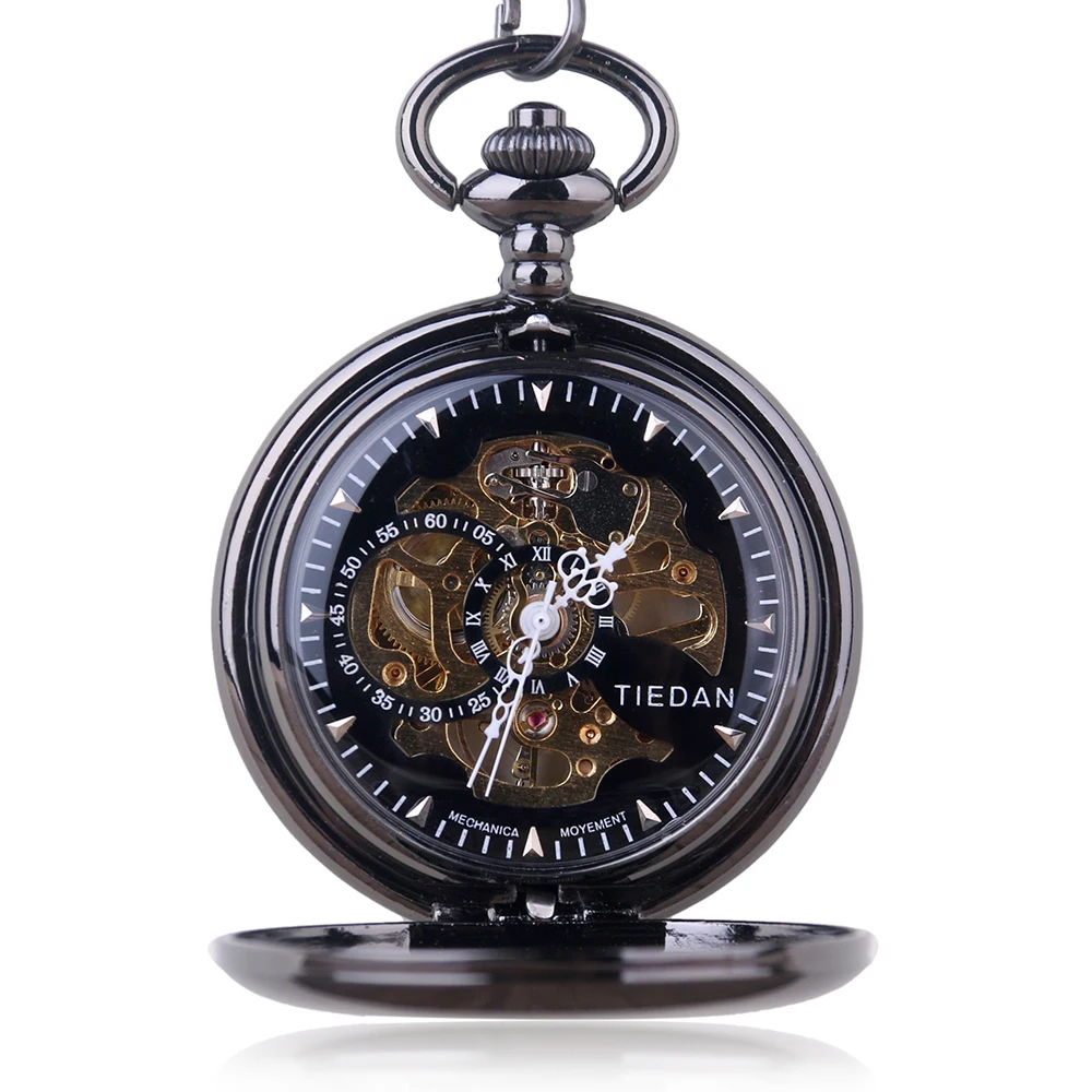 Black Smooth Texture Hollow Manual Mechanical Pocket Watch Retro Steampunk Gentleman Pendant Accessories Men's Clock