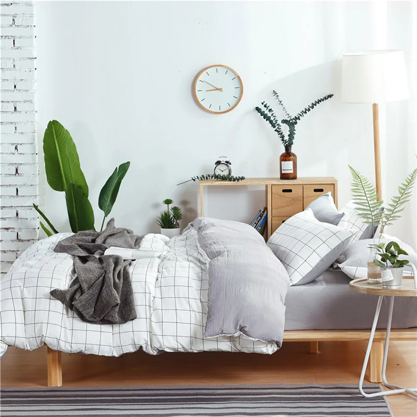 Pattern 17 Полосатый клетчатый Комплект постельного белья Королева ковровое покрытие набор простой промытый хлопок плоский/Простыня на резинке, наволочка пододеяльник набор 4 шт./компл - Цвет: Pattern 17