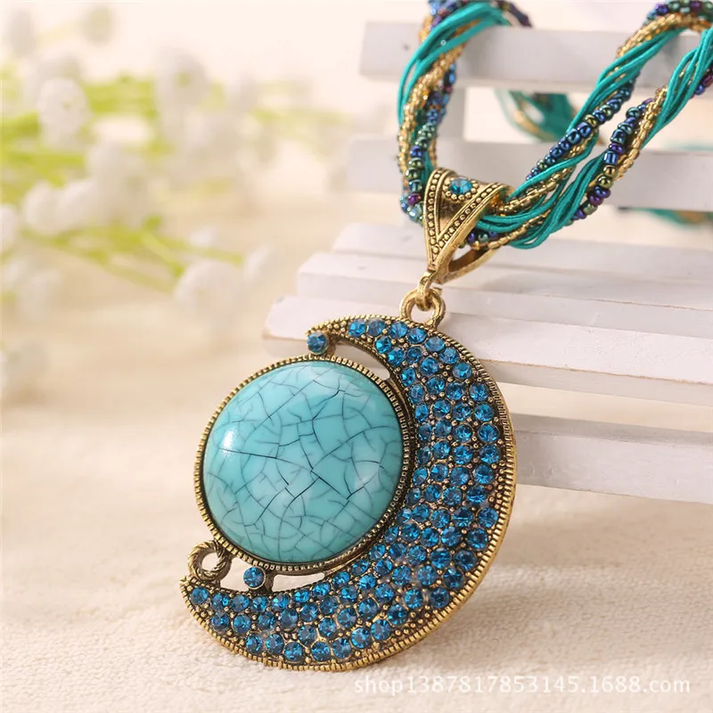 17 colors fashion ethnic handmade half moon gem stone maxi colar necklace bohemian pearls beads chain pendant bib jewelry lady | Украшения