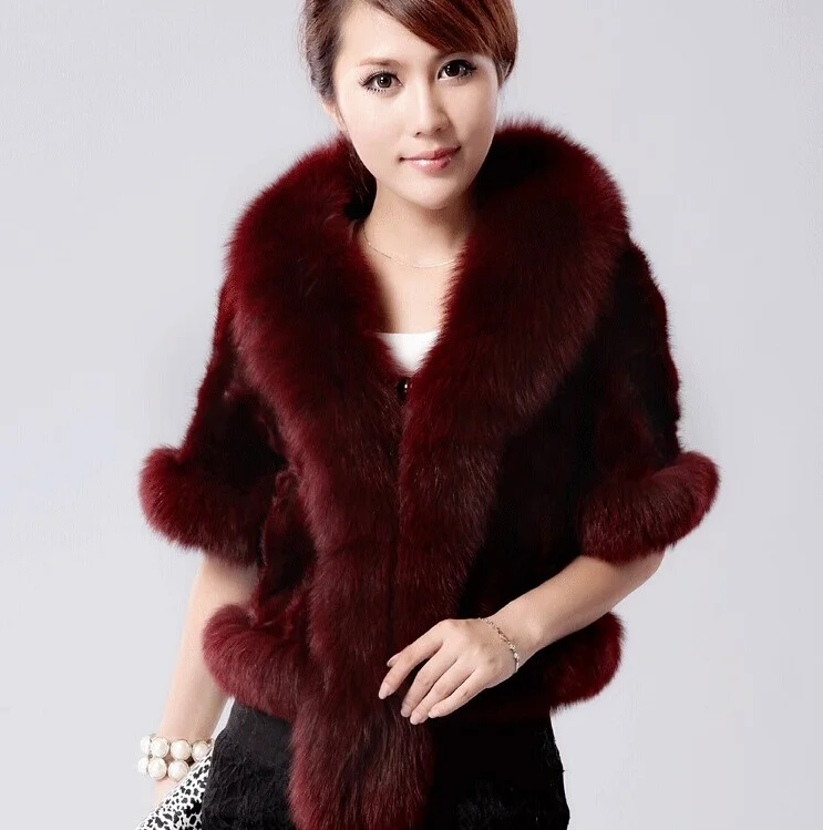 

Female fox fur mink hair claretred short design waistcoat cloak fur coat top cape