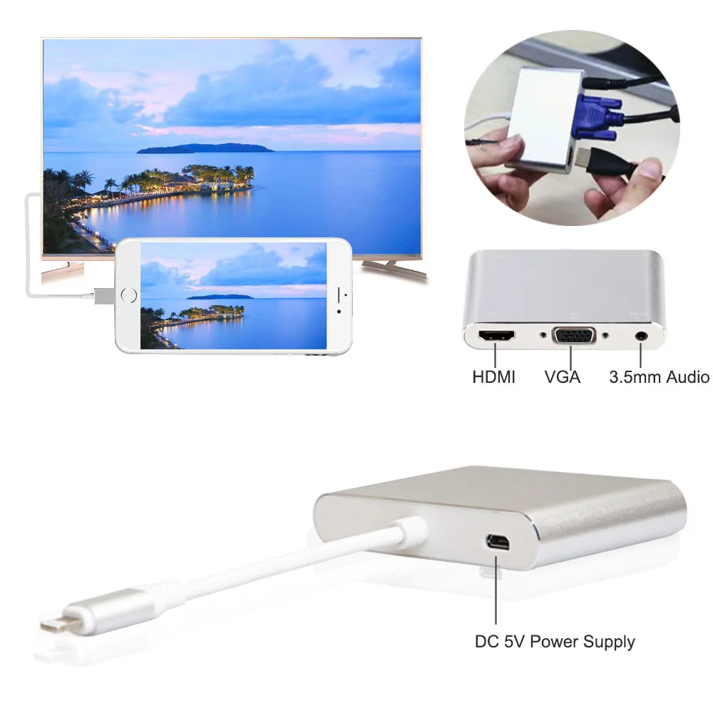 Серебряный алюминиевый сплав для lightning к hdmi vga 1080P видео адаптер конвертер с 3 5 jack