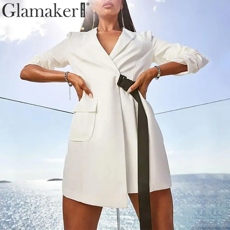 Glamaker V шеи белый пояс Женский блейзер платье осень сплошной длинный рукав Повседневная куртка Женская Офисная Леди Элегантный Блейзер платье