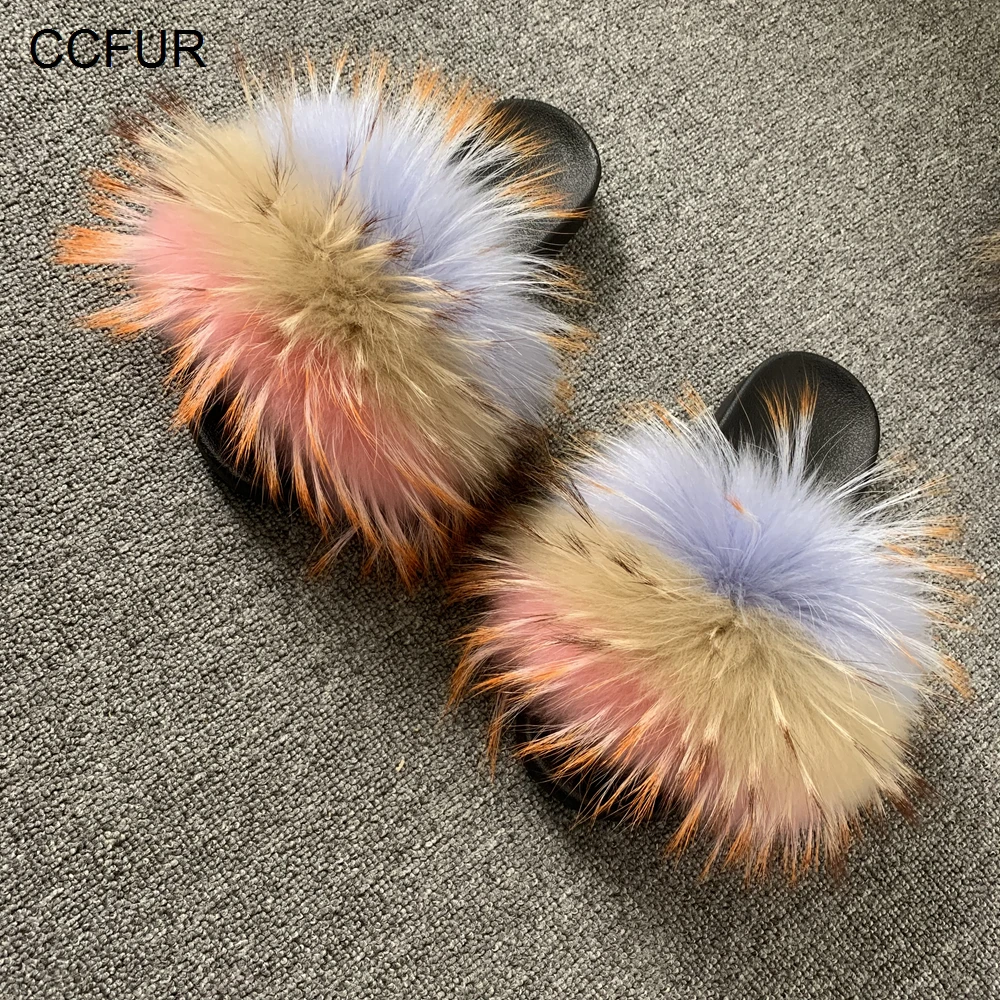 CCFUR New Colors Summer Slides Women's Real Fox Fur Slippers Fluffy Fur Sliders Mixed Color Fashion Lady S6048