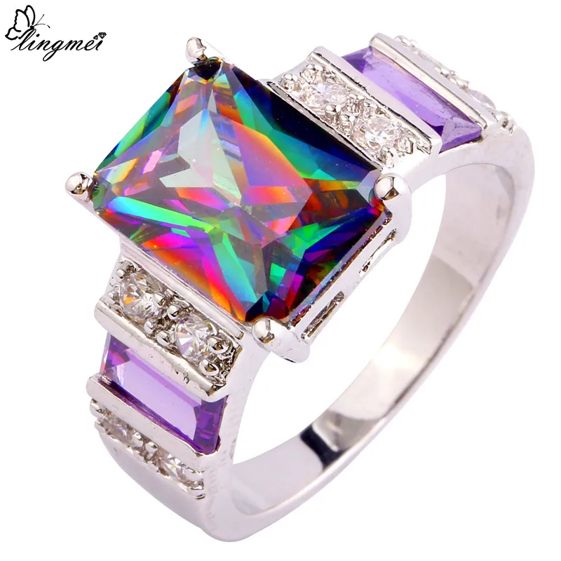 lingmei Free Shipping Women Men Mysterious Party Jewelry Rainbow Topaz Amethyst White Sliver Ring Size 6 7 8 9 10 11 12 13 | Украшения и