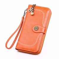 vintage long hasp leather wallet woman purse zipper button card holder clutch female wallets strap purses phone pocekt