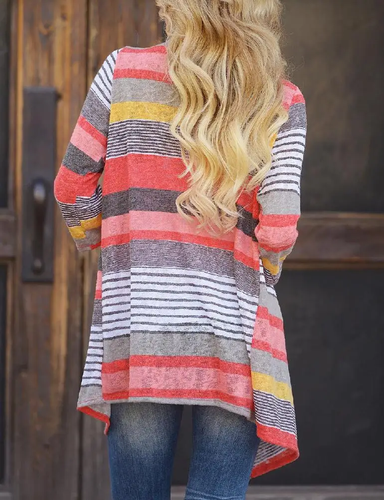 

MISSKY 2018 New Women Asymmetrically Striped Stitching Three Quarter Sleeve Cardigan Breathable Tops 2 Colors