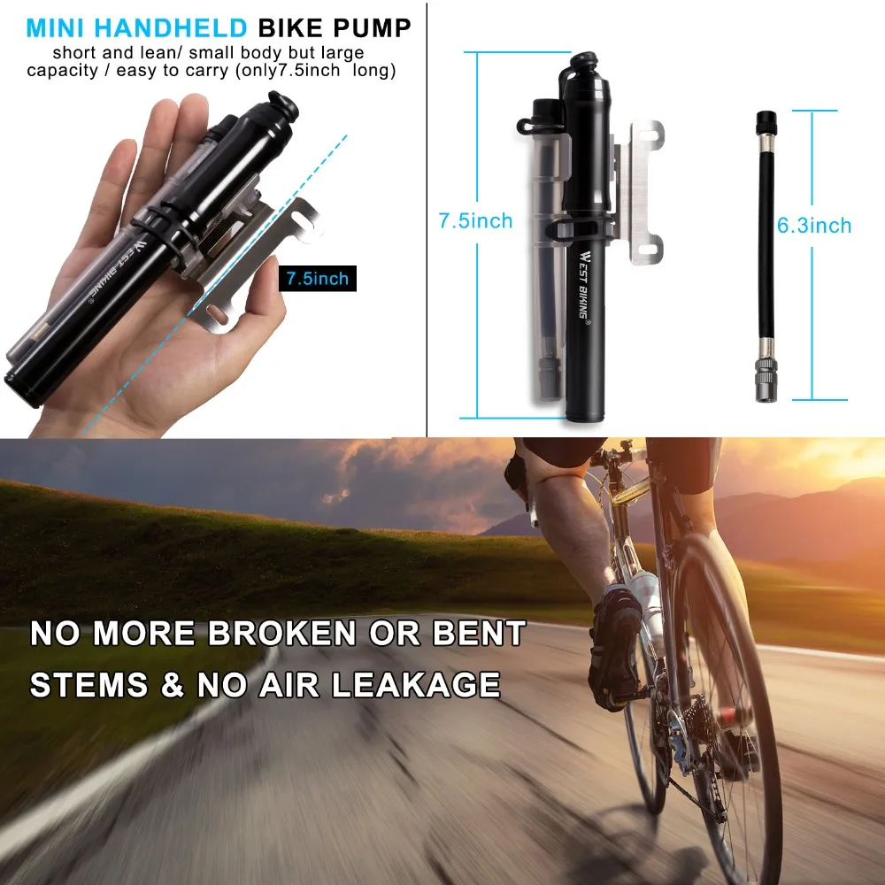 WEST BIKING велосипедный насос для крепления и дорожного велосипеда, велосипедный насос с передней вилкой, воздушный насос 260 фунтов/кв. дюйм, велосипедный насос высокого давления