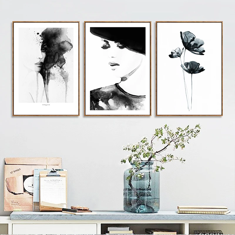 

Modern New Chinese Ink Painting Abstract Woman and Lotus Flower Canvas Painting Print Poster Picture Wall Art Home Decoration