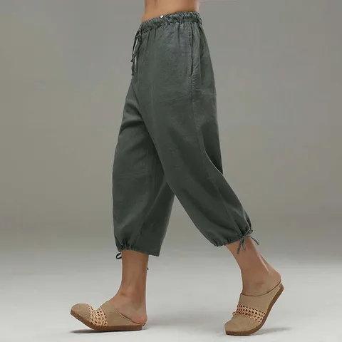 Летние мужские льняные шорты хлопок прямые свободные 3/4 короткие брюки китайский стиль эластичный пояс с шнурком мужская одежда