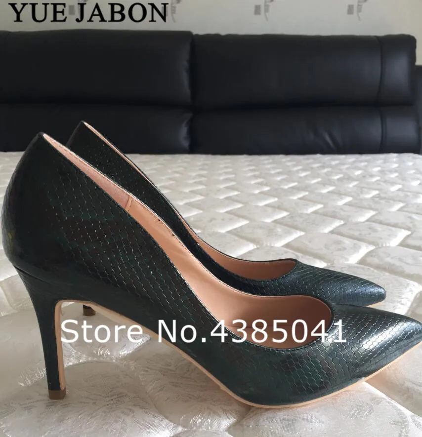 

YUE JABON Dark Green Lady Thin Heel Pumps Shoes High Heeled Single Woman Shoes Shallow Mouth Pointed Toe Snake Pattern zapatos