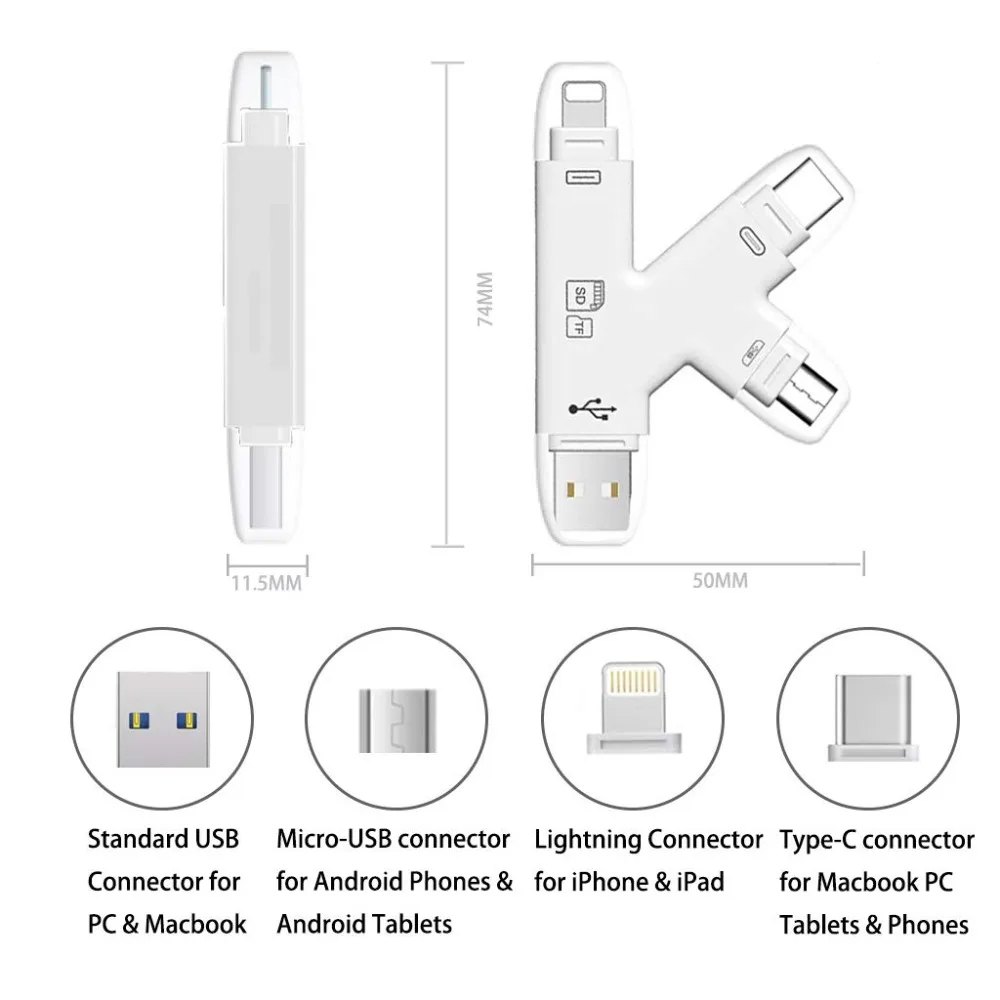 Кардридер Leadzoe 4 в 1 Type C/Lightning/Micro USB/USB кардридер SD/TF для iPhone iPad/Andriod/PC OTG ридер |