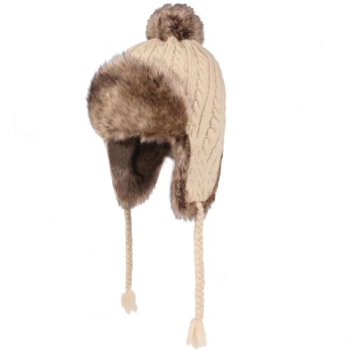 Style 1 Beige HT2206 Толстая теплая зимняя шапка, женская шапка с ушками, шапка с кроличьим мехом, женские вязаные русские шапки с косами, ветрозащитная Лыжная Шапка-ушанка - Цвет: Style 1 Beige
