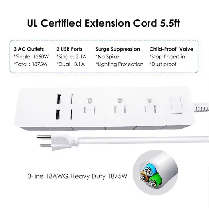 

Tuya Smart WiFi Power Strip smart US plug Overload Switch Surge Protector 3 Outlet 2 USB Voice Control via Alexa Echo Google