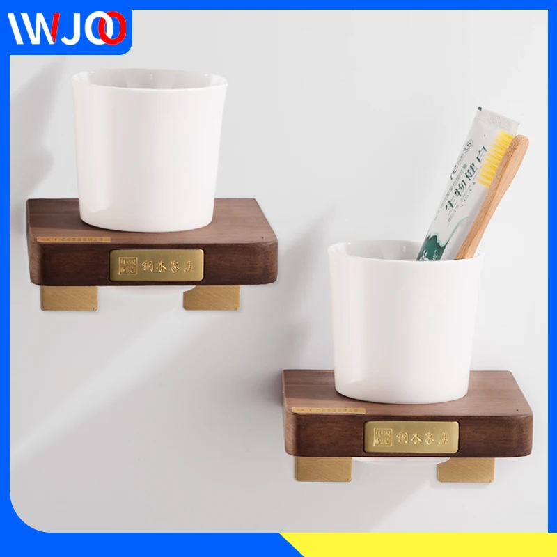 

Toothbrush Holder Set Glass Cup Tumbler Holder Brass Wooden Nordic Style Bathroom Accessories Tooth Brush Holder Wall Mounted