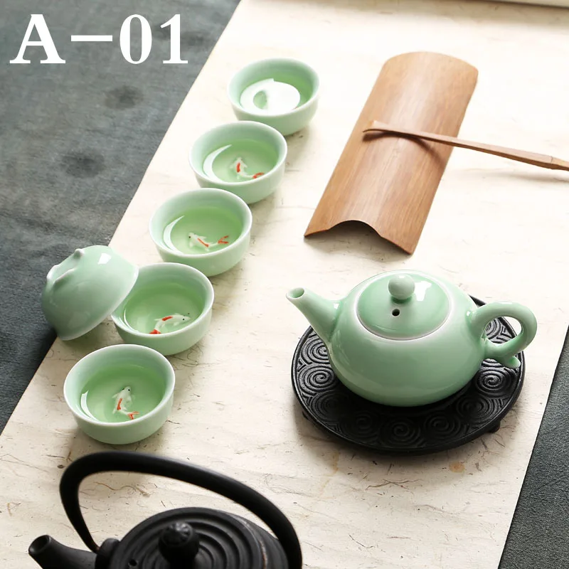 Китайский традиционный фарфоровый чайный сервиз Celadon Gong Fu керамический с синим