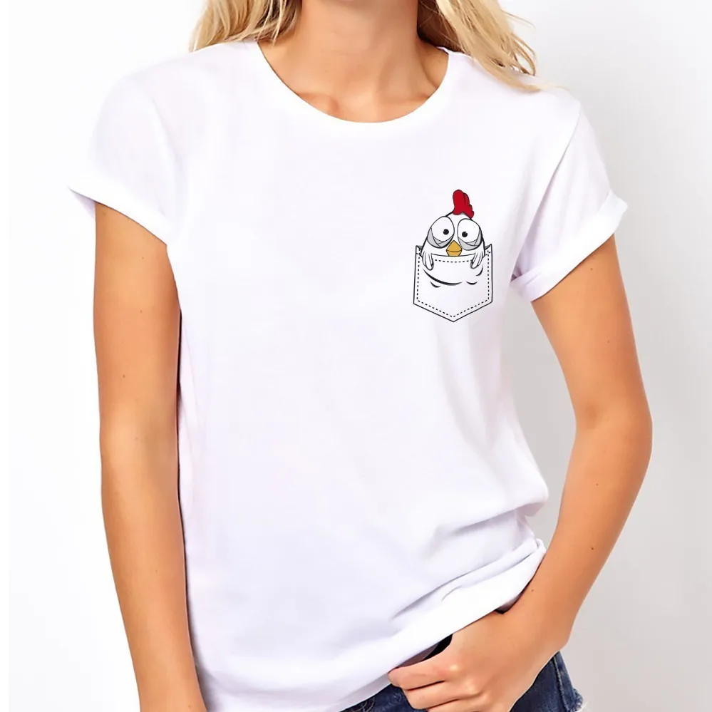 

Милая цыпленка в кармане кавайная футболка женская брендовая jollypeach 2018 новая белая Повседневная футболка Женская забавная футболка с кругл...