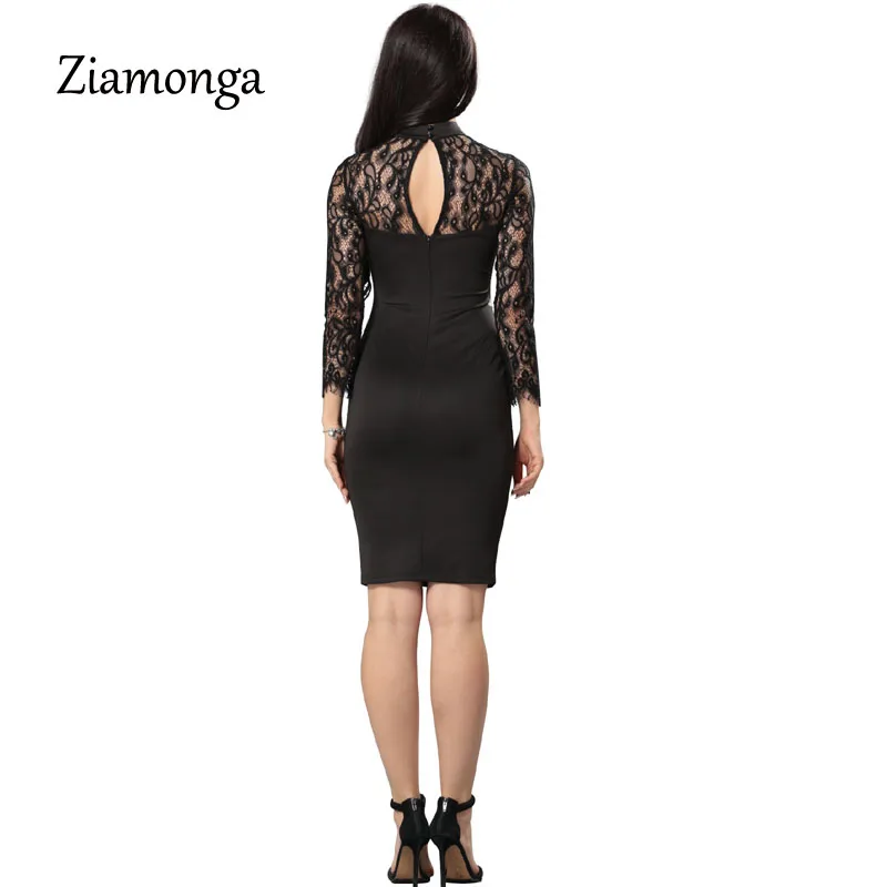 Ziamonga Turtleneck Long Sleeve Midi Lace Dress Sexy Club Bandage Bodycon 2017 Autumn Winter Black Women Party Dresses | Женская одежда