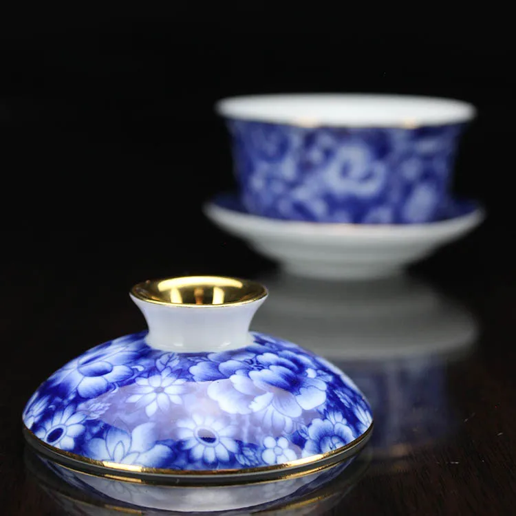 Китайский традиционный синий и белый позолоченный керамический фарфор Gaiwan