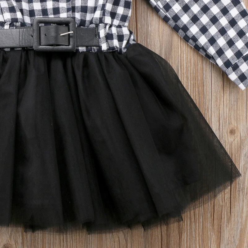 2018 Fashion Casual Cute Newborn Baby Girls Cotton Long Sleeve Turn-down Collar Black White Plaid Sashes Lace Tutu Dress 2-7Y | Детская