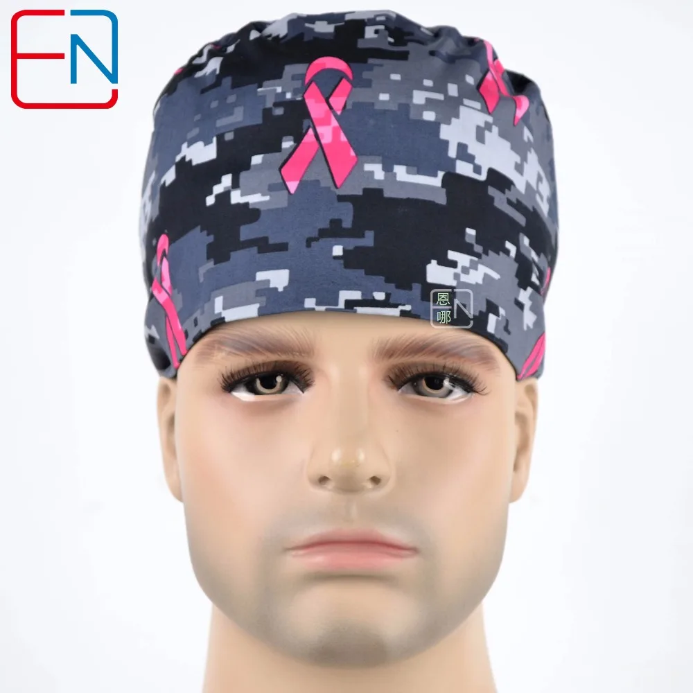 

unisex scrub hats in grey with pink ribbion