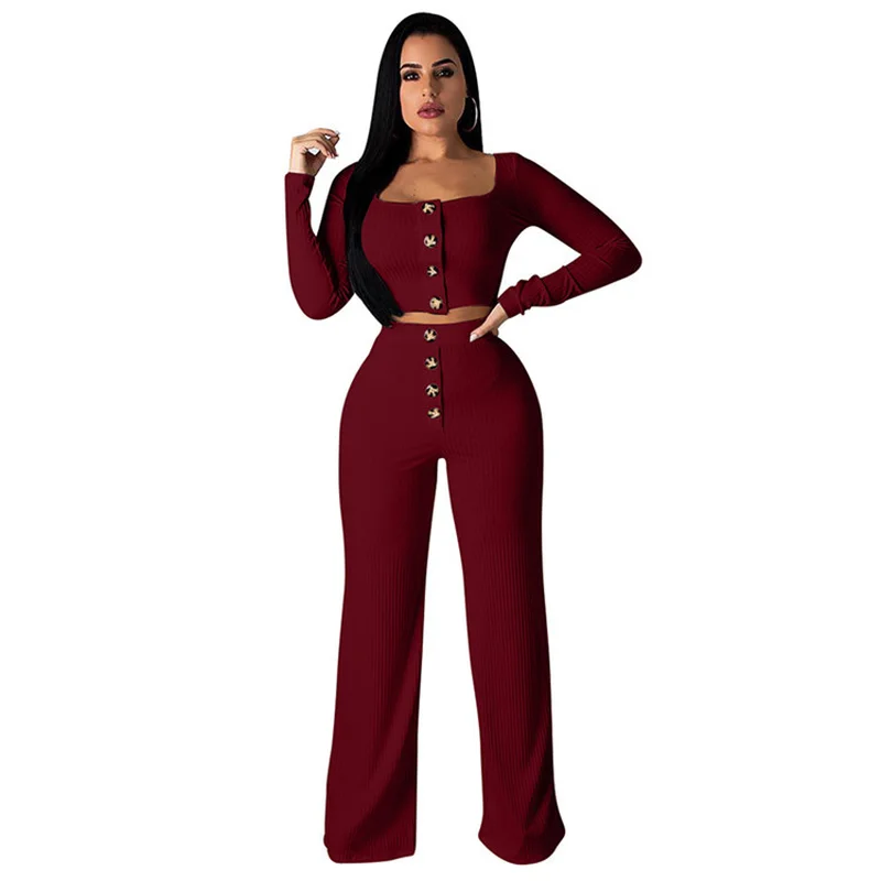 2019 spring and autumn fashion sexy low collar long-sleeved button open navel set milk silk high waist trousers ladies two-piece | Женская