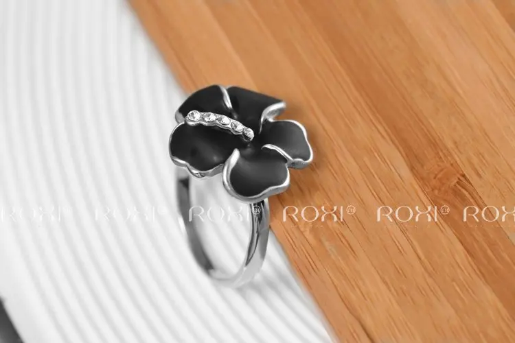 ROXI exquisite rose golden plated black rings fashion jewelry factory price Chirstmas gift high quality hot sale|jewelry hold|gift box for