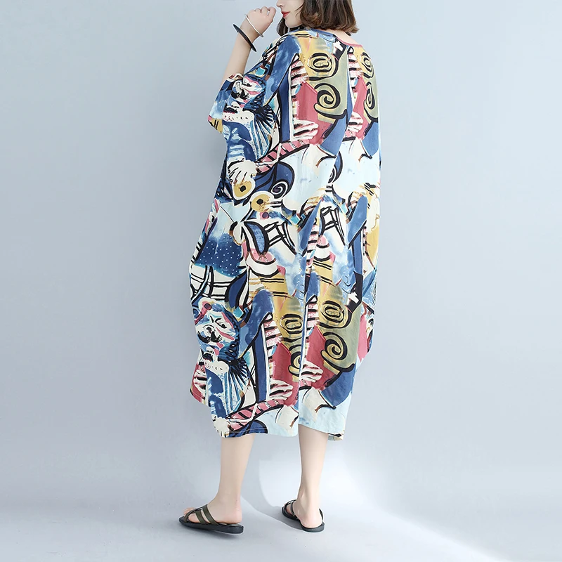 Lagenlook/хлопковый и льняной джемпер прямое платье с граффити летние платья
