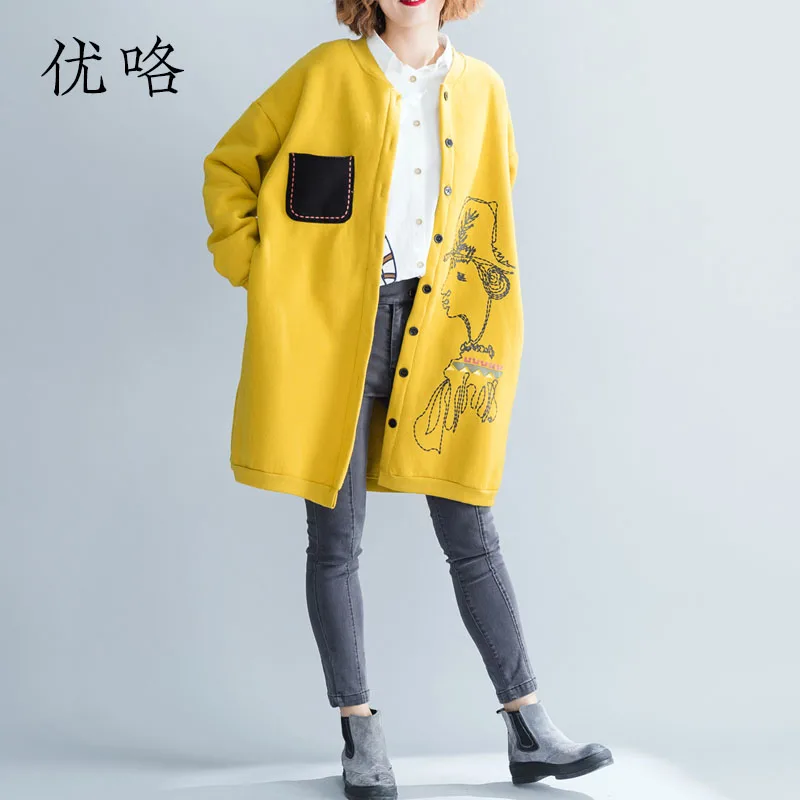 Kawaii мультфильм печатных Женская зимняя куртка корейского размера плюс толстый бархат пальто кардиган ветровка Cortaviento Mujer 4XL 5XL - Цвет: Цвет: желтый