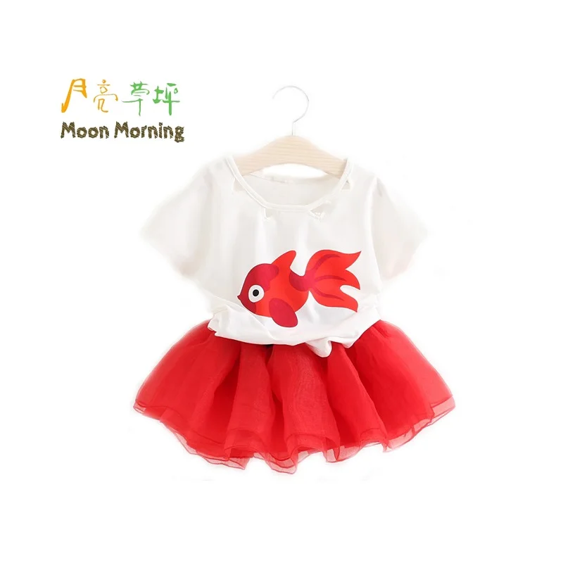 Луна утро девочек устанавливает 3 т ~ 10 хлопка рыбы футболка + юбка 2 шт. лето