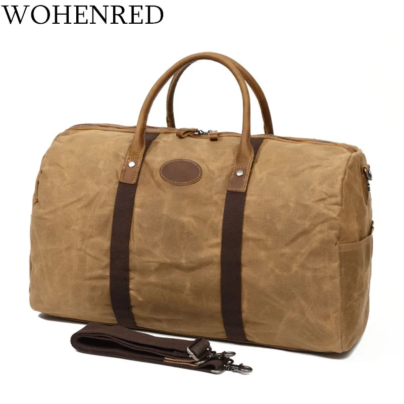 Men's Travel Bags Luggage Duffel Bag Waterproof Canvas Overnight Bag Leather Weekend Oversized Carry on Shoulder Handbag Brown