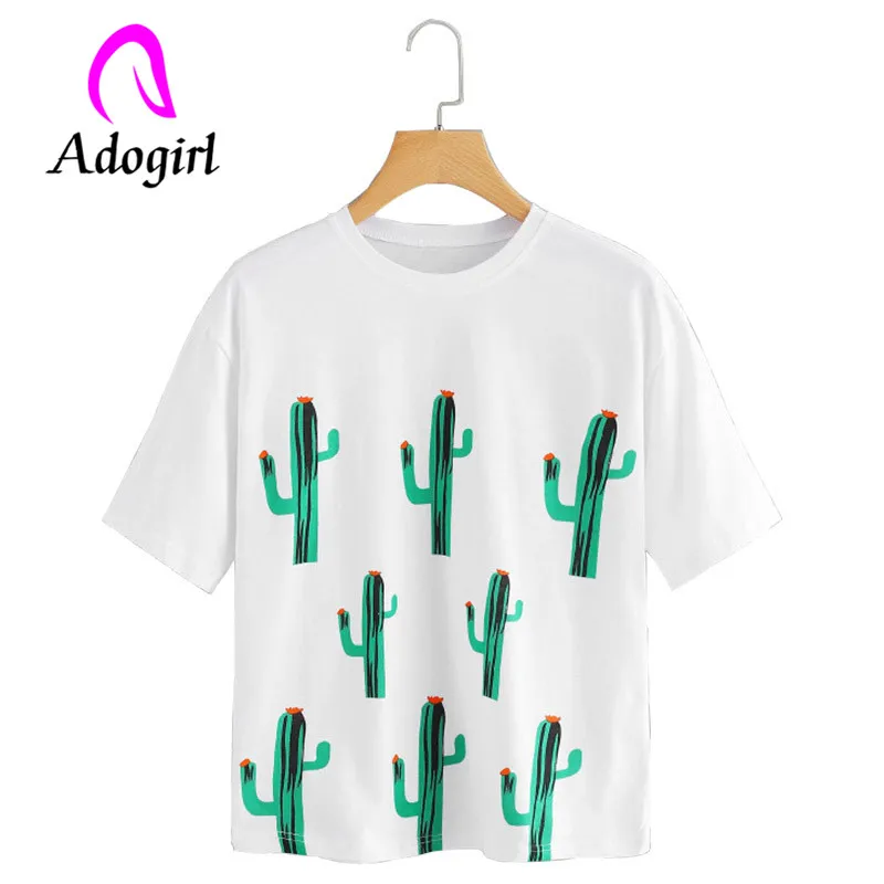 Adogirl/простая белая футболка с короткими рукавами и изображением кактуса